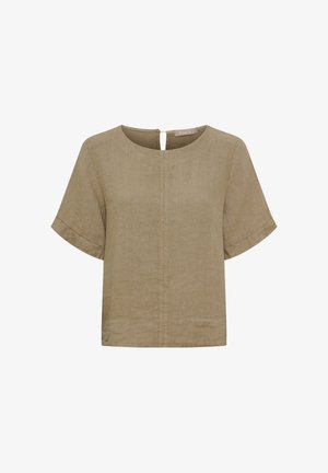 Kortærmet, lysebrun linnedbluse med rund halsudskæring og knaplukning bagpå med hul, foran lodret sømdetalje.