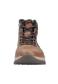 Brown leather hiking boot with a black mesh upper, designed with sturdy laces, a zipper closure, and a textured rubber sole for traction.