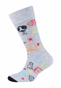 Graue Socken mit einem gerippten Bündchen, die farbenfrohe, bildungsorientierte Muster wie einen Globus, Bücher und Kunstbedarf aufweisen.