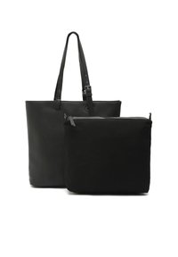 Borsa tote nera in pelle con due manici e un borsellino rettangolare nero con zip abbinato sul davanti, su sfondo bianco.