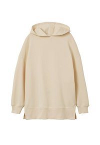 Sweat à capuche oversize beige avec manches longues, poignets côtelés, une capuche et des fentes latérales à l'ourlet, présenté sur fond blanc.