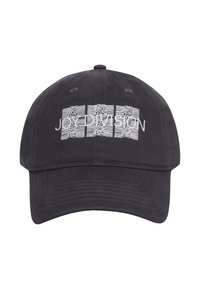 Casquette de baseball noire avec le texte "JOY DIVISION" brodé et quatre lignes graphiques blanches. Matériau en coton avec une visière incurvée et une sangle réglable.
