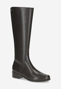 Kniehohe braune Lederstiefel mit glatter Oberfläche, runder Spitze, kleinem Blockabsatz und minimalen Nähten.