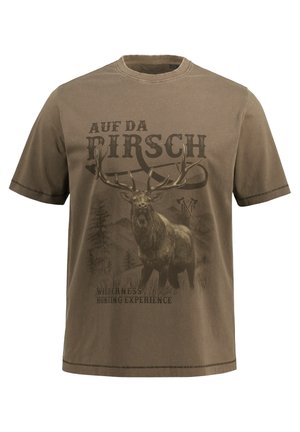 Braun T-Shirt aus Baumwolle mit dem grafischen Muster eines Rehs, Text "Auf da Birsch", mit strukturierter Oberfläche und kurzen Ärmeln.