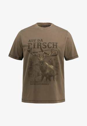 Brązowy bawełniany T-shirt z grafiką jelenia, z napisem "Auf da Birsch", o teksturowanym wykończeniu i krótkich rękawach.