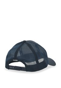 Cappello snapback in rete di un blu navy scuro con pannello frontale solido, fascia regolabile in plastica e logo ricamato "SEASIDE" sul retro.