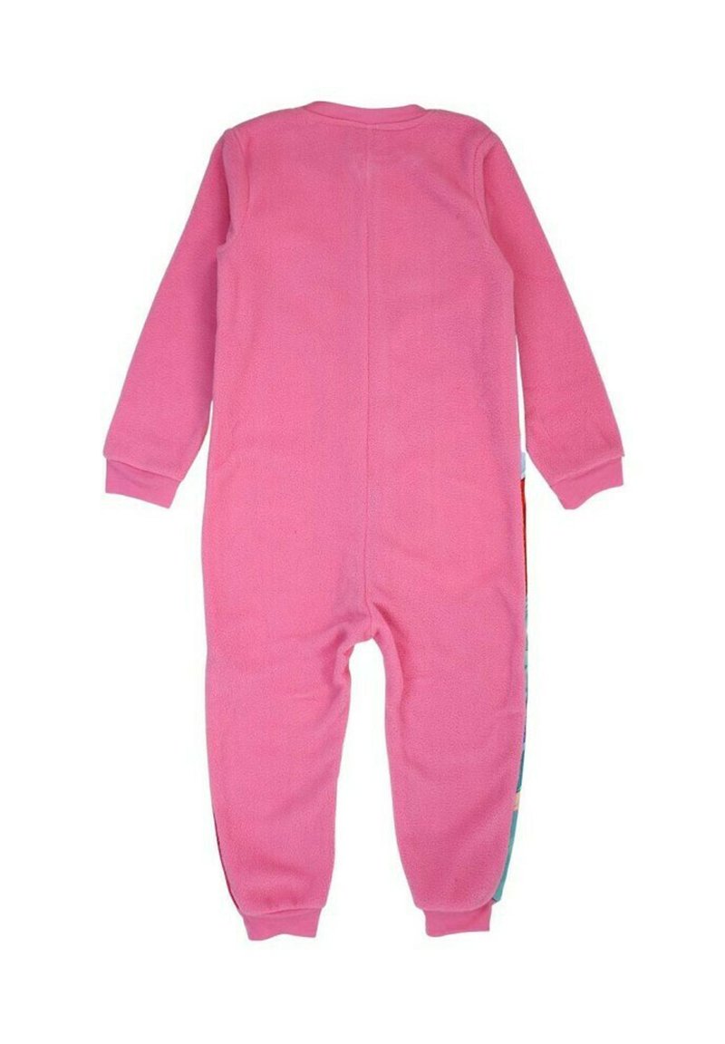 Tuta in pile rosa con maniche lunghe e scollo rotondo. Presenta una parte frontale di colore uniforme e lati a fantasia. Texture morbida, design a lunghezza intera.