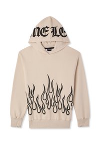 Beżowa bluza z kapturem z czarnym graficznym wzorem płomienia u dołu, z dużą czarną czcionką na kapturem. Wykonana z miękkiego, gładkiego materiału.