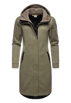 Long, olive-green coat with a textured fabric, adjustable hood, front zipper, and side pockets featuring black zippers.