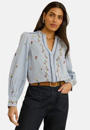 REGULAR FIT - EMBROIDERED LONG SLEEVE NOTCH NECK    - Blouse - blue stripe tulip