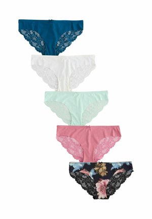 Pack med fem par damunderkläder: teal, vit, mint, rosa och blommig i svart. Varje par har spetskant och en mjuk tygfinish.