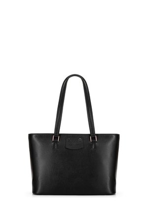 Borsa tote nera in pelle con superficie testurizzata, doppi manici e una placca con logo con accenti hardware discreti.