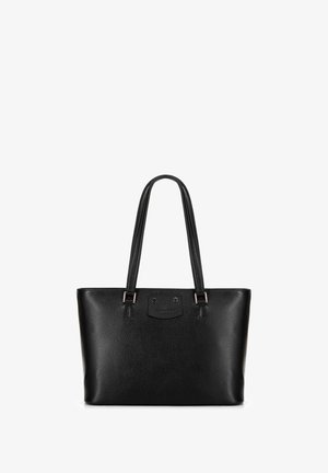 Zwarte leren tote bag met een gestructureerd oppervlak, dubbele draagriemen en een merkplaat met subtiele hardwareaccenten.