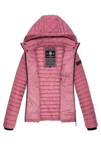 Pink insulated jacket with a quilted design, hood, and zipper closure. Features interior tags and patterned accents on the sleeves.