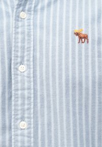 Ανοιχτό μπλε πουκάμισο με ρίγες και κουμπιά, κατασκευασμένο από μαλακό ύφασμα, με μικρό κεντητό λογότυπο ελαφιού σε καφέ και κίτρινο στο αριστερό μέρος του στήθους.
