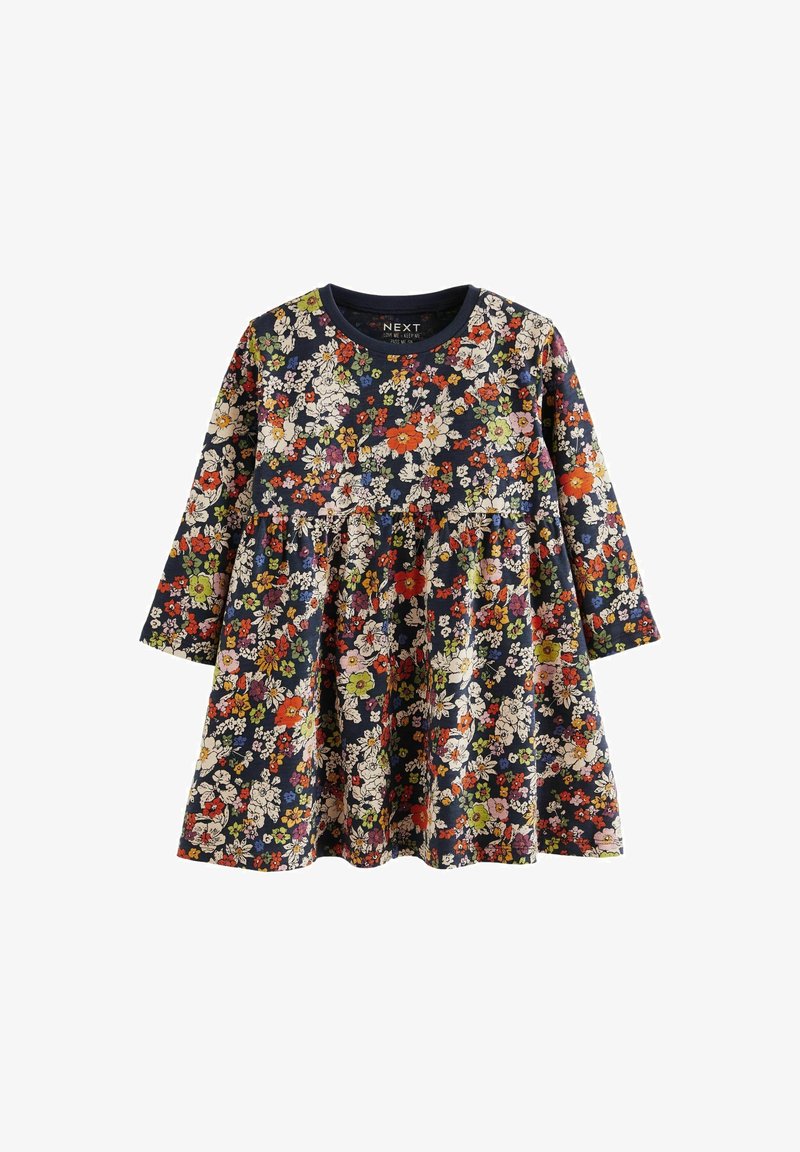 Robe bleu marine à manches longues avec petits motifs floraux multicolores en orange, blanc, jaune, rose et vert, taille froncée.