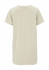 Helles beige T-Shirt mit lockerer Passform, kurzen Ärmeln und Rundhalsausschnitt. Aus glattem Baumwollmaterial, mit Raglanärmeln und seitlichen Schlitzen.