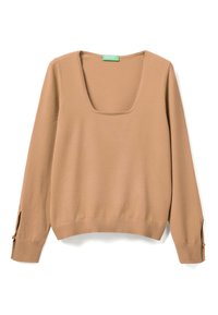 Maglione marrone a maniche lunghe con scollatura quadrata, polsini a costine con dettagli in bottone e orlo aderente. Texture morbida e liscia.