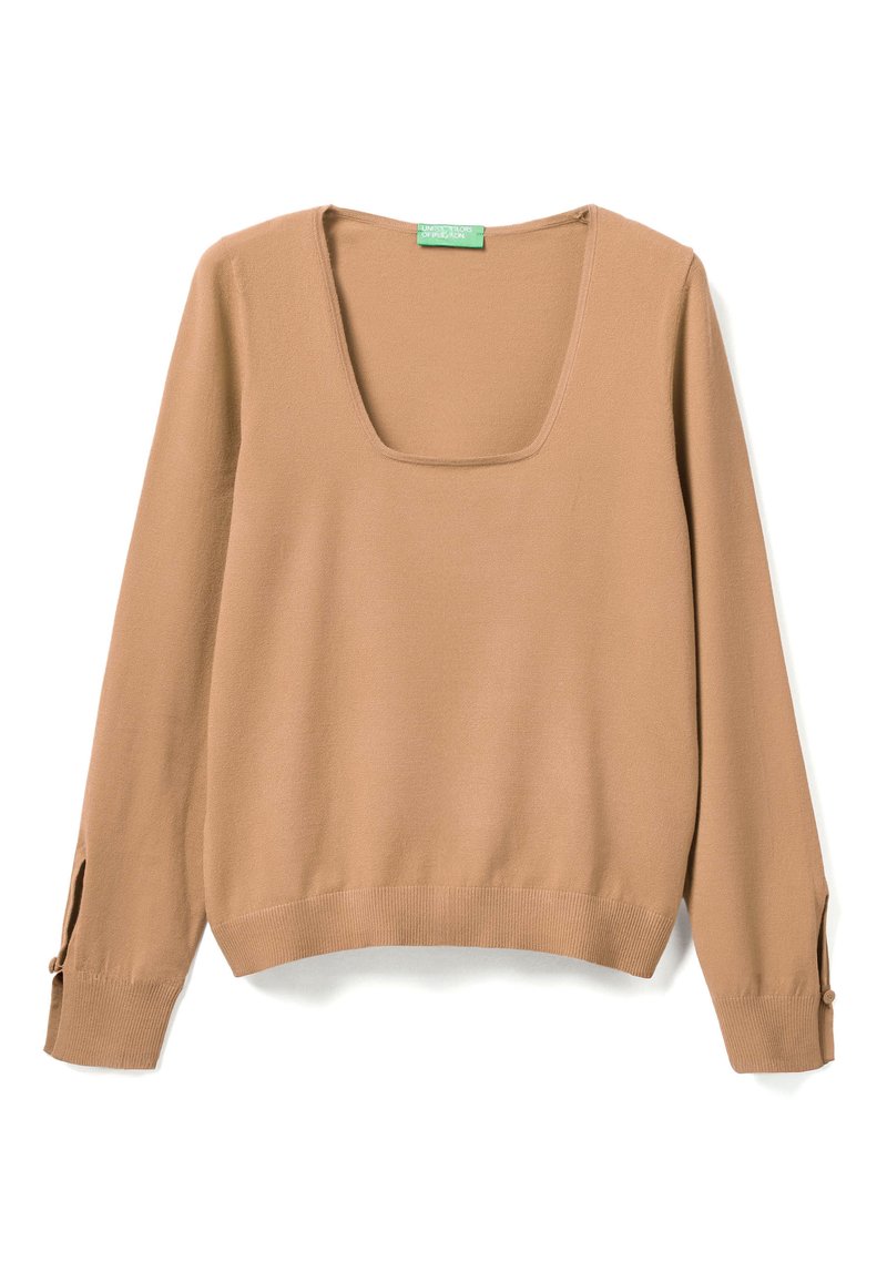 Maglione marrone a maniche lunghe con scollatura quadrata, polsini a costine con dettagli in bottone e orlo aderente. Texture morbida e liscia.