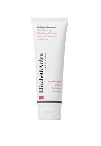 Tube blanche avec un couvercle à clapet, comportant du texte rouge et noir. L'étiquette indique "Visible Difference Skin Balancing Exfoliating Cleanser" pour peau mixte.