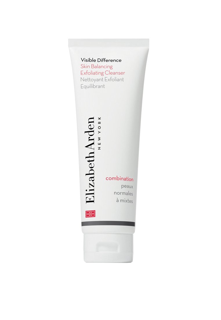 Tube blanche avec un couvercle à clapet, comportant du texte rouge et noir. L'étiquette indique "Visible Difference Skin Balancing Exfoliating Cleanser" pour peau mixte.