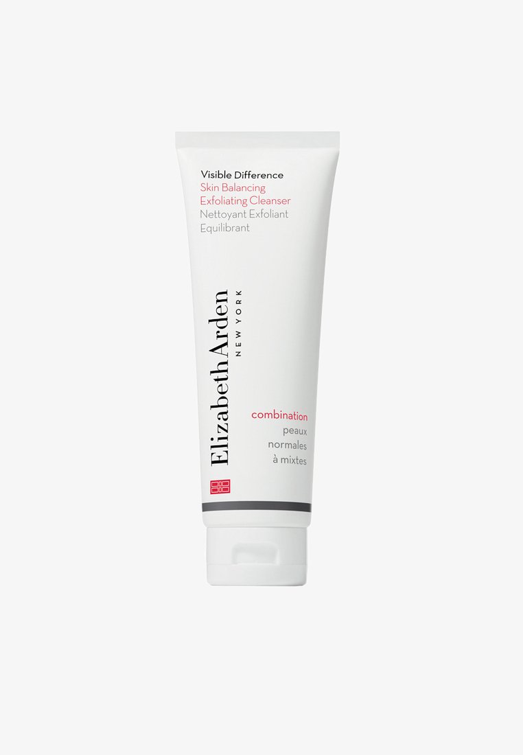 Tubo blanco con tapa abatible, con texto rojo y negro. La etiqueta dice "Limpiador Exfoliante Equilibrante Visible Difference" para piel mixta.