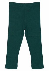 Žalios dėvimos legging'os su elastiniu juosmeniu. Pilno ilgio su tiesiomis kojomis, be matomų raštų ar metalinių detalių.