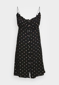 Vestido preto com alças finas ajustáveis, decote com volantes, estampa floral e fecho frontal com botões. Feito de tecido leve, com comprimento até ao joelho.