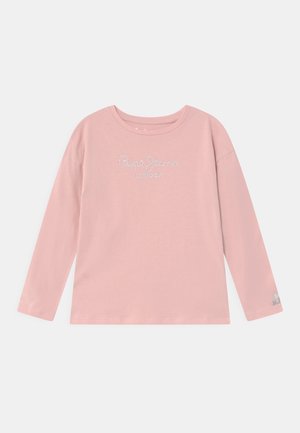 Lyserød langærmet skjorte med rund halsudskæring og tekst i hvide krystaller ""Pepe Jeans London"" midt for på fronten.