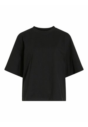 Black cropped t-shirt made of soft cotton, featuring short sleeves and a relaxed fit. Simple design with a classic round neckline.