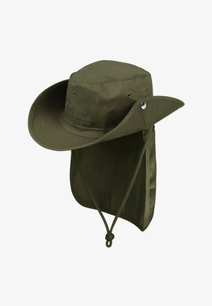 Olivgrüner Outdoor-Hut mit breiter Krempe, verstellbarem Kinnriemen und Nackenklappe. Mit gesticktem Logo und Belüftungsösen.