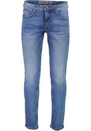 Jeans in denim blu chiaro con vestibilità slim, dotati di cinque tasche, chiusura con bottone e lievi sfumature all'altezza delle cosce.