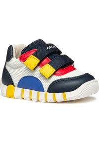 Baskets multicolores en maille et cuir ; présentent des accents bleus, rouges, jaunes et bleu marine ; deux bandes Velcro ; semelle en caoutchouc.