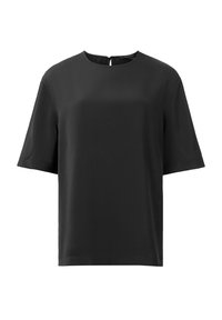 Sort kortærmet top med rund halsudskæring og nøglehul detalje bagpå. Fremstillet af glat stof med en afslappet pasform og lige kant.