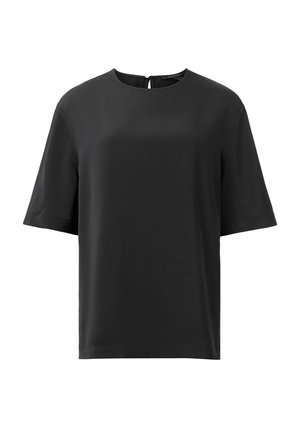 Top nero a maniche corte con scollatura rotonda e dettaglio a chiave sulla schiena. Realizzato in tessuto morbido, con vestibilità comoda e orlo dritto.