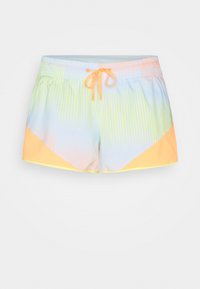 Färggranna badshorts med en ljusblå gradient och vertikala ränder, orange detaljer och ett elastiskt midjeband med dragsnöre.