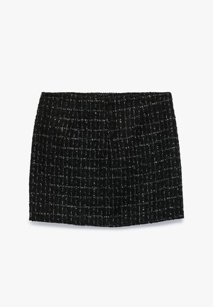 Sort tweed mini-nederdel med en struktureret overflade, der har et ternet mønster og en lige skæring, velegnet til forskellige anledninger.