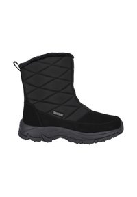 Schwarzer isolierter Winterstiefel mit einem gesteppten Textil-Obermaterial, Futter aus Kunstfell und einer robusten Gummisohle mit einem strukturierten Profil.