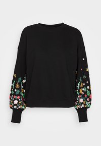 Sweatshirt noir avec motifs floraux brodés en couleurs vives sur les manches. Comprend des poignets côtelés et une coupe décontractée.