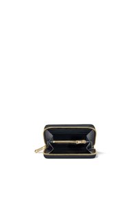 Portafoglio in pelle nera con zip dorata, dotato di un compartimento principale e di una piccola tasca con zip interna per un'ottima organizzazione.
