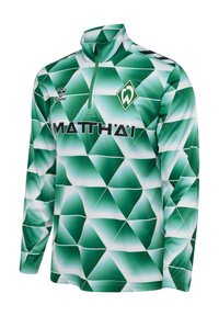 Grön långärmad topp med geometriskt mönster och halvdragkedja, med en svart logotyp och varumärkesnamn som är tydligt placerat över bröstet.