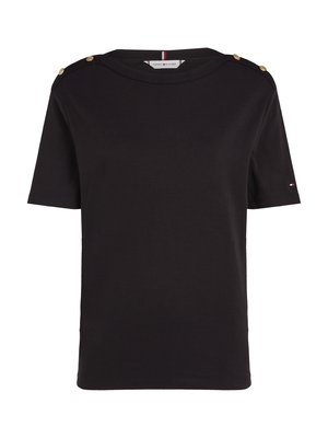 Black short-sleeve t-shirt made of cotton. Features gold button accents on shoulders and a round neckline with a branded tag visible inside.