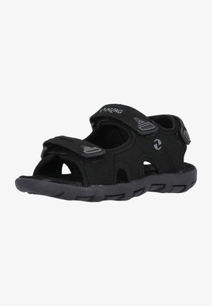 Svarte sandaler med åbent design, lavet af tekstureret syntetisk materiale. Har justerbare stropper og en holdbar gummisål med riller.
