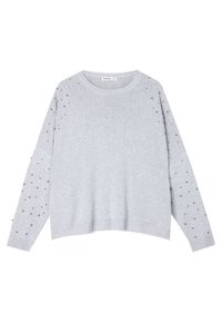 Sweat-shirt gris à manches longues, orné de clous métalliques sur les bras. Tissu doux, coupe décontractée et encolure ronde.