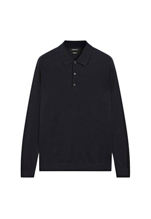 Navy blue long-sleeve polo shirt made of soft fabric, featuring a collared neckline and three button placket, with a clean, minimalist design.