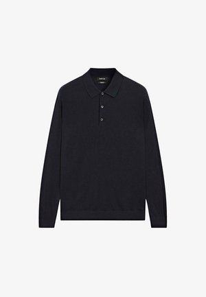 Navy blue long-sleeve polo shirt made of soft fabric, featuring a collared neckline and three button placket, with a clean, minimalist design.