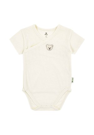 Elfenbeinfarbener Kurzarm-Strampler mit Rippenstrick und Wickeldesign, versehen mit einer Bärenkopf-Stickerei auf der Brust und Druckknöpfen am unteren Saum.