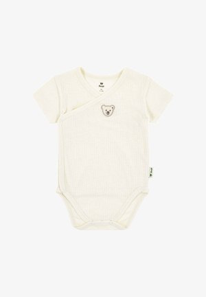Elfenbeinfarbener Kurzarm-Strampler mit Rippenstrick und Wickeldesign, versehen mit einer Bärenkopf-Stickerei auf der Brust und Druckknöpfen am unteren Saum.