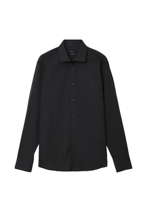 Schwarzes Langarm-Hemd mit Knopfleiste, spitzem Kragen, regulärer Passform und glattem Stoff, auf weißem Hintergrund dargestellt.