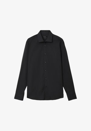 Schwarzes Langarm-Hemd mit Knopfleiste, spitzem Kragen, regulärer Passform und glattem Stoff, auf weißem Hintergrund dargestellt.